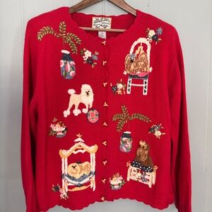 Vintage 2002 Dog Novelty Embroidered Cardigan Sweater Red XL Grandmacore Poodle